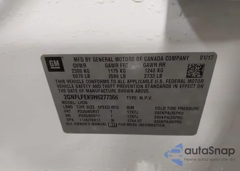 2017 Chevrolet Equinox Lt z USA, uszkodzony, nr VIN 2GNFLFEK9H6277366